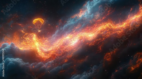 A lone parachutist drifting amid a cosmic blaze of vibrant orange hues interspersed with clouds of blue gas a mesmerizing scene that captures the awe inspiring beauty of space exploration