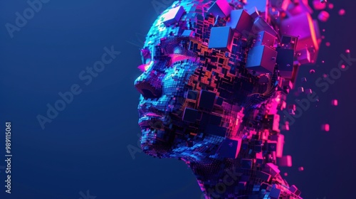 Fototapeta Naklejka Na Ścianę i Meble -  A digital representation of a human head made of colorful geometric shapes and fragments.
