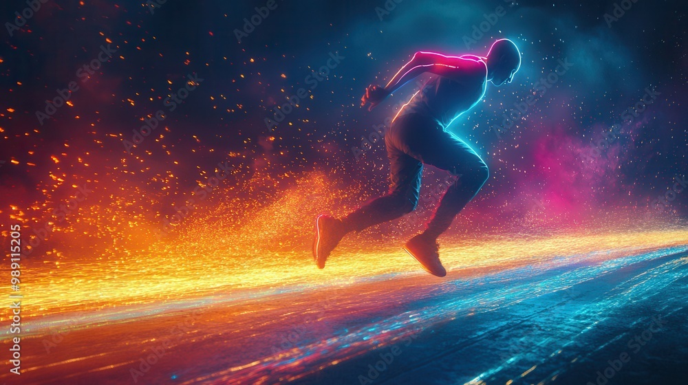 A dynamic image featuring a runner in a cyberpunk setting with brilliant light trails and bright colors This scene highlights speed energy and a futuristic atmosphere in a visually captivating way A dynamic image featuring a runner in a cyberpunk setting with brilliant light trails and bright colors This scene highlights speed energy and a futuristic atmosphere in a visually captivating way