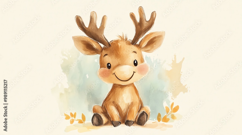 cute baby moose with small antlers, smiling happily Cartoonish style, simple lines, pastel palette Friendly and inviting cute baby moose with small antlers, smiling happily Cartoonish style, simple lines, pastel palette Friendly and inviting