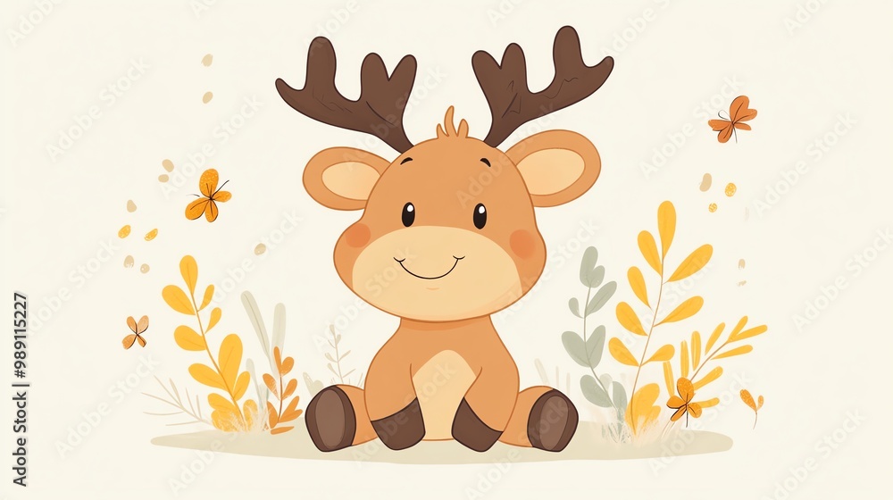cute baby moose with small antlers, smiling happily Cartoonish style, simple lines, pastel palette Friendly and inviting cute baby moose with small antlers, smiling happily Cartoonish style, simple lines, pastel palette Friendly and inviting