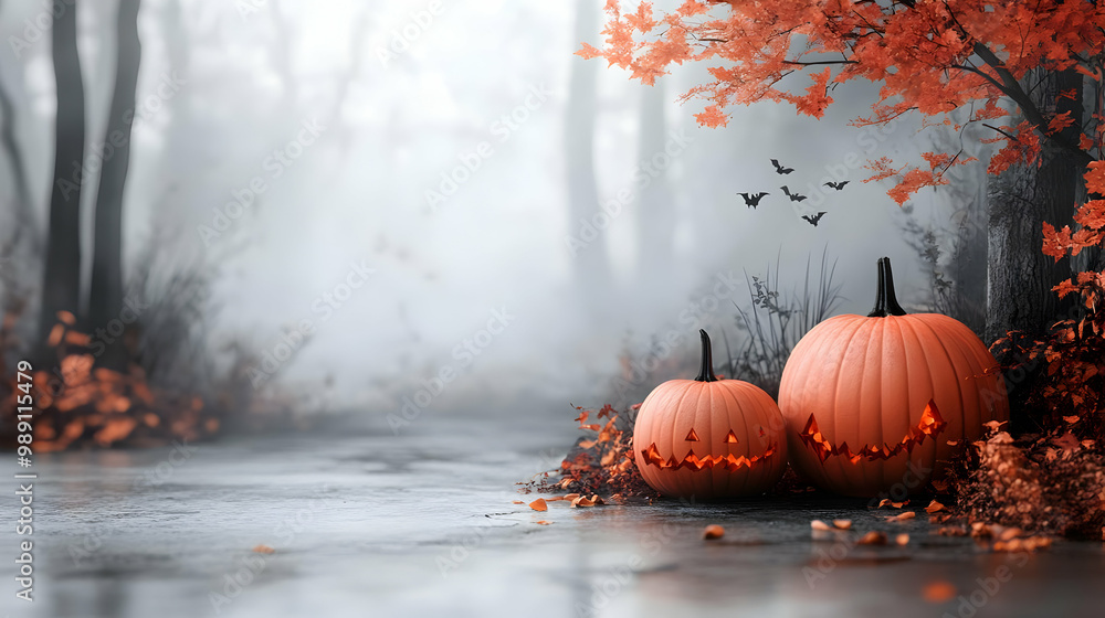 Spooky Pumpkins in a Foggy Forest for Halloween Spooky Pumpkins in a Foggy Forest for Halloween