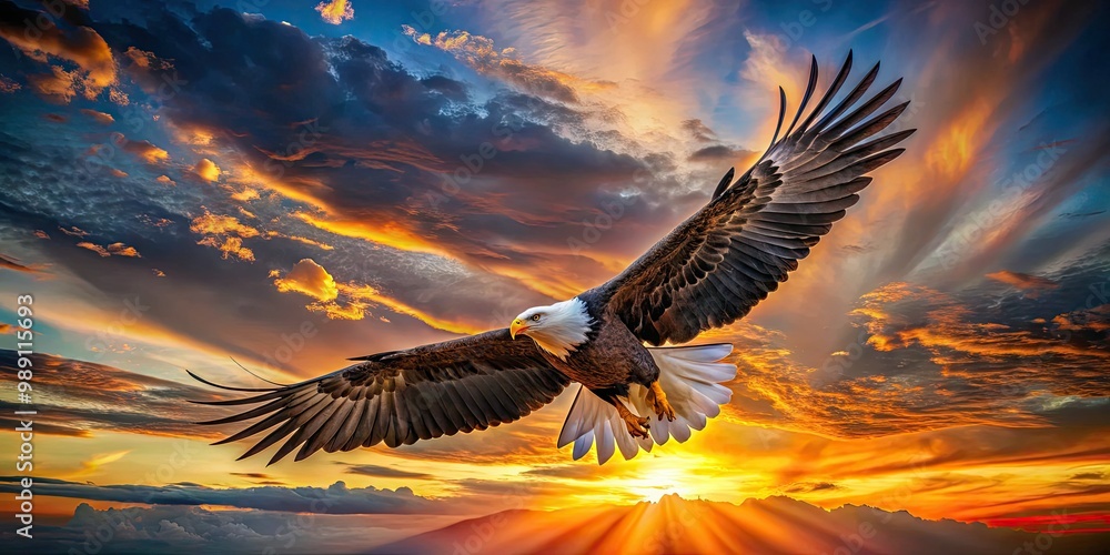 Obraz premium A majestic eagle soars through a vibrant sunset sky, symbolizing freedom, strength, and empowerment, as the warm light illuminates its wings in a breathtaking moment.