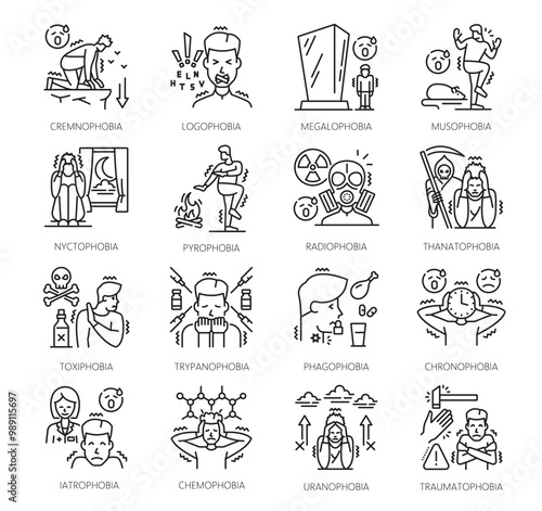 Psychology problems, human phobia icons, mental health vector outline signs. Musophobia, pyrophobia and thanatophobia, traumatophobia, trypanophobia and radiophobia, nyctophobia and toxiphobia