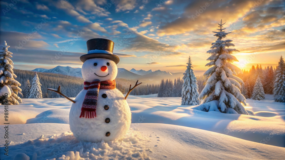 Obraz premium A cheerful snowman stands in serene winter landscape, surrounded by snow covered trees and mountains. warm glow of sunset adds magical touch to this picturesque scene