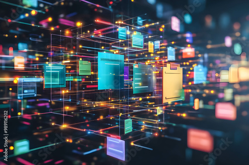 Document management system is streamlined through digital folders and files, filled with colorful tags and labels, surrounded by glowing network connections.