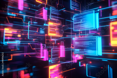 Document management system is streamlined through digital folders and files, filled with colorful tags and labels, surrounded by glowing network connections.