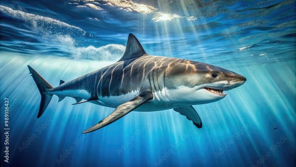 Fototapeta premium A majestic great white shark swims in crystal-clear tropical waters, its powerful tail slicing through the surface, highlighting its feared yet fascinating predators' presence.