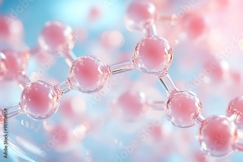 Microscopic Beauty: A mesmerizing close-up of a pink molecular structure, showcasing the intricate beauty of science and the wonders of the microscopic world. The delicate, translucent spheres and bon