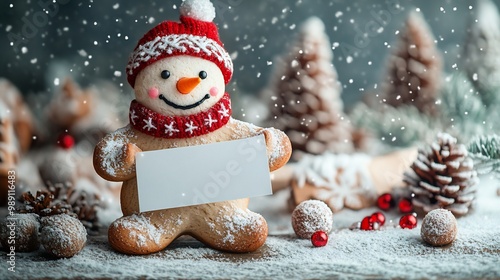 Gingerbread cookies christmas card template a snowman holding a blank banner festive winter background with snowflakes and christmas trees perfect for holiday greeting design
