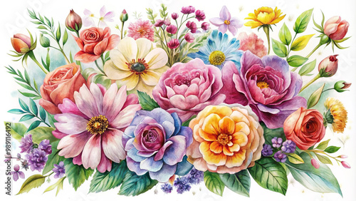 A vibrant watercolor illustration featuring beautiful arrangement of various flowers, including roses, peonies, and daisies, showcasing rich palette of colors and delicate details