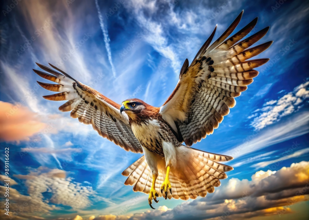 Obraz premium A majestic hawk in mid-flight, wings spread wide, reveals intricate feathers and talons against a bright blue sky with wispy white clouds.