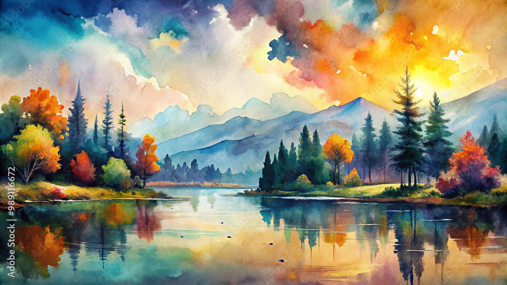 Naklejka premium A vibrant watercolor landscape featuring serene lake surrounded by colorful trees and majestic mountains. scene captures beauty of nature with stunning sunset reflecting on water