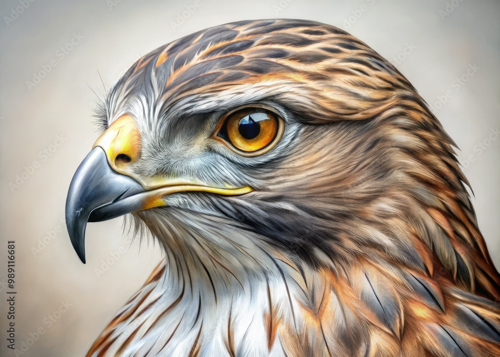 Obraz premium A majestic hawk's sharp features and piercing gaze are meticulously rendered in precise, expressive lines and delicate shading in a beautiful, detailed pencil illustration.
