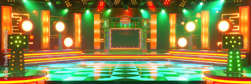 A game show stage designed to resemble a lively arcade, with bright flashing lights and a green and orange color scheme.