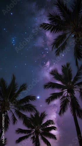 Starry Night Sky with Palm Trees Silhouetted Against the Milky Way and Cosmic Galaxy