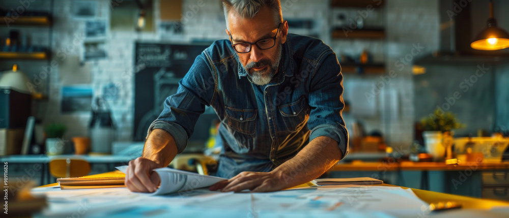 Focused man reviewing project plans in creative workspace Focused man reviewing project plans in creative workspace