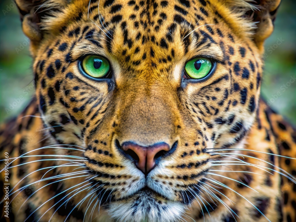 Obraz premium A majestic leopard's face fills the frame, piercing green eyes and whiskers set against a warm golden coat with subtle spots and textures.