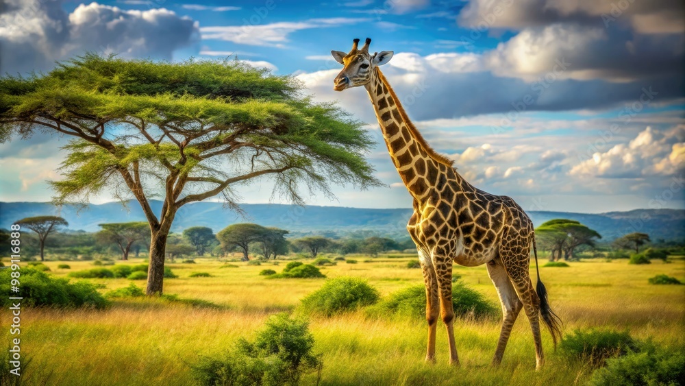 Fototapeta premium A majestic jiraffe with a striking coat pattern and long eyelashes stands tall in a lush, sun-drenched savannah landscape with acacia trees in the background.
