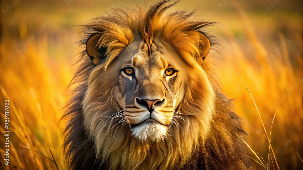 A majestic lion's piercing golden eyes stare intensely, its whiskers and fur surrounding the gaze, radiating power and regal dominance in the savannah landscape. A majestic lion's piercing golden eyes stare intensely, its whiskers and fur surrounding the gaze, radiating power and regal dominance in the savannah landscape.