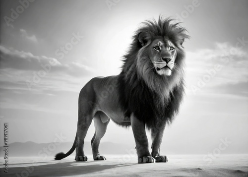 A majestic lion's outline stands regally against a stark white background, its mighty mane and powerful physique boldly defined in a striking black silhouette. photo