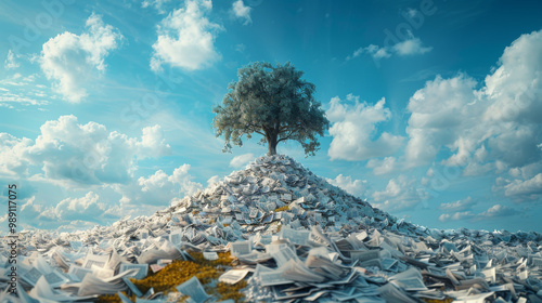 majestic tree stands atop mountain of discarded papers, symbolizing need for environmental photo