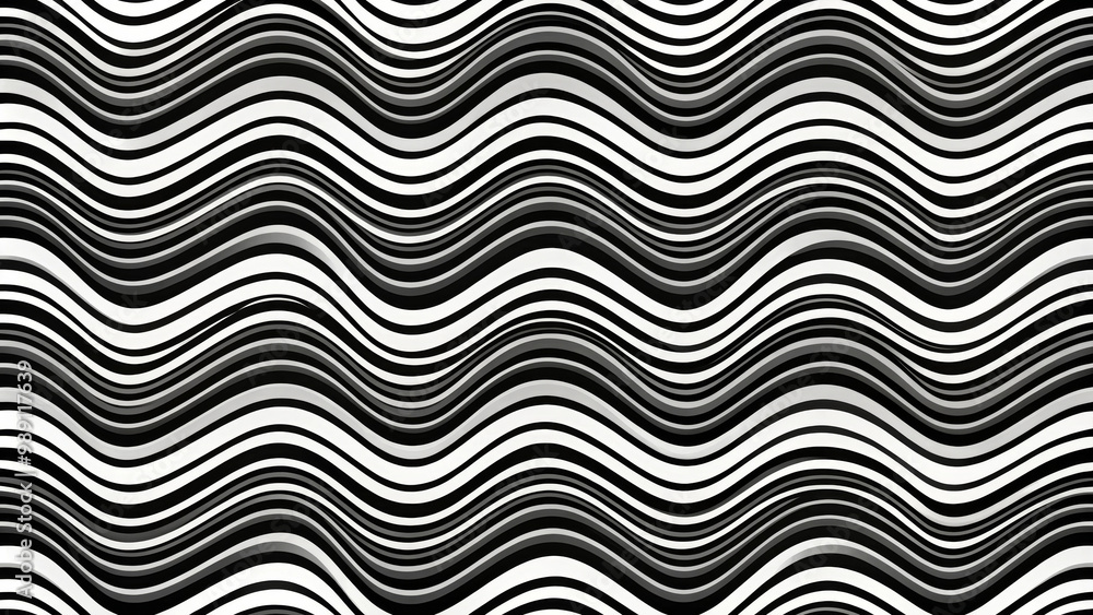 Wavy line pattern in black and white creates dynamic visual effect, evoking sense of movement and rhythm. This seamless design is perfect for various applications Wavy line pattern in black and white creates dynamic visual effect, evoking sense of movement and rhythm. This seamless design is perfect for various applications