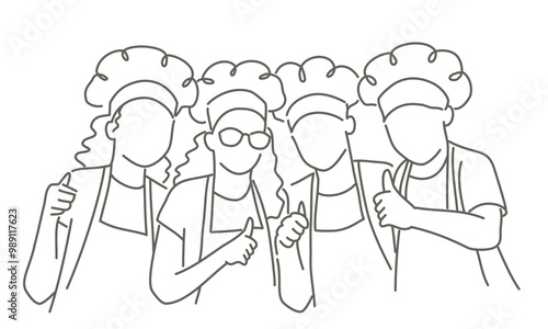 Group of chefs, kids are standing together and giving thumbs up