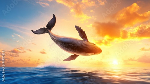 Majestic Whale Breaching Under Sunset Skies