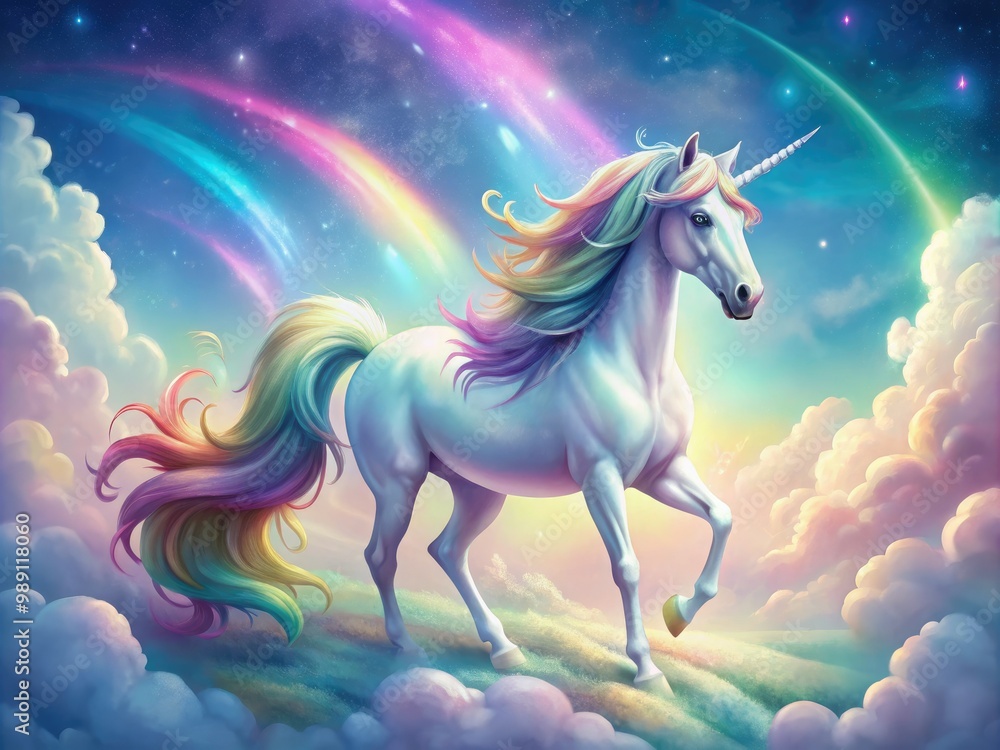 Fototapeta premium A majestic, shimmering unicorn with a vibrant rainbow mane and tail, set against a soft, dreamy background of fluffy white clouds and pastel hues.