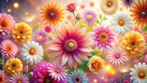 Vibrant flowers in various colors create stunning abstract background, evoking feelings of joy and beauty. This floral arrangement showcases delightful mix of blooms