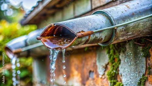 Wallpaper Mural A close-up shot of a drain pipe and deteriorating galvanized iron gutter leaking rainwater Torontodigital.ca