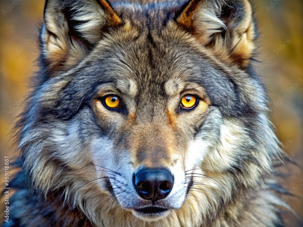 A majestic wolf's face gazes directly into the camera, its piercing yellow eyes and sharp teeth conveying a sense of wild, untamed power. A majestic wolf's face gazes directly into the camera, its piercing yellow eyes and sharp teeth conveying a sense of wild, untamed power.