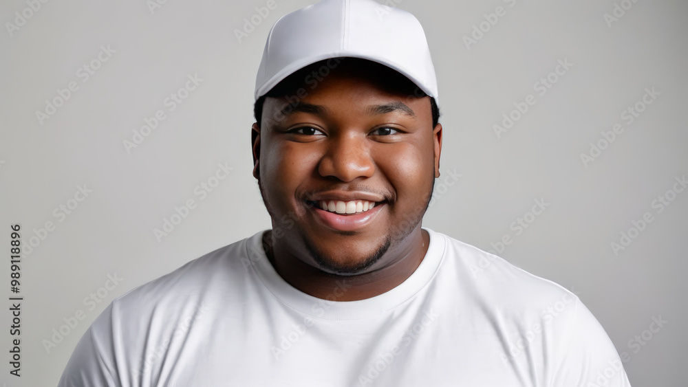 Plus size young black man wearing white t-shirt and white baseball cap isolated on grey background Plus size young black man wearing white t-shirt and white baseball cap isolated on grey background