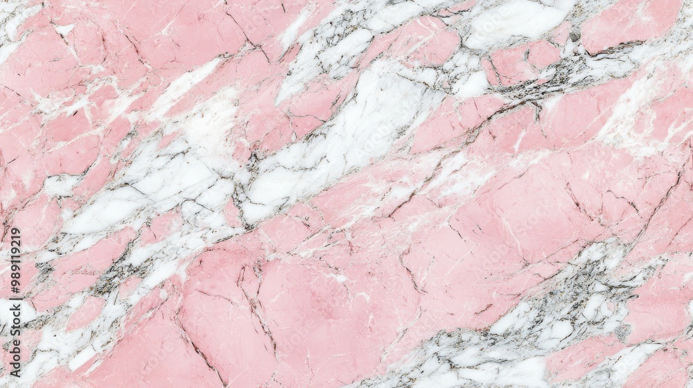 Fototapeta premium Close-up of pink marble with elegant white and grey streaks, filling the frame with a delicate and refined texture