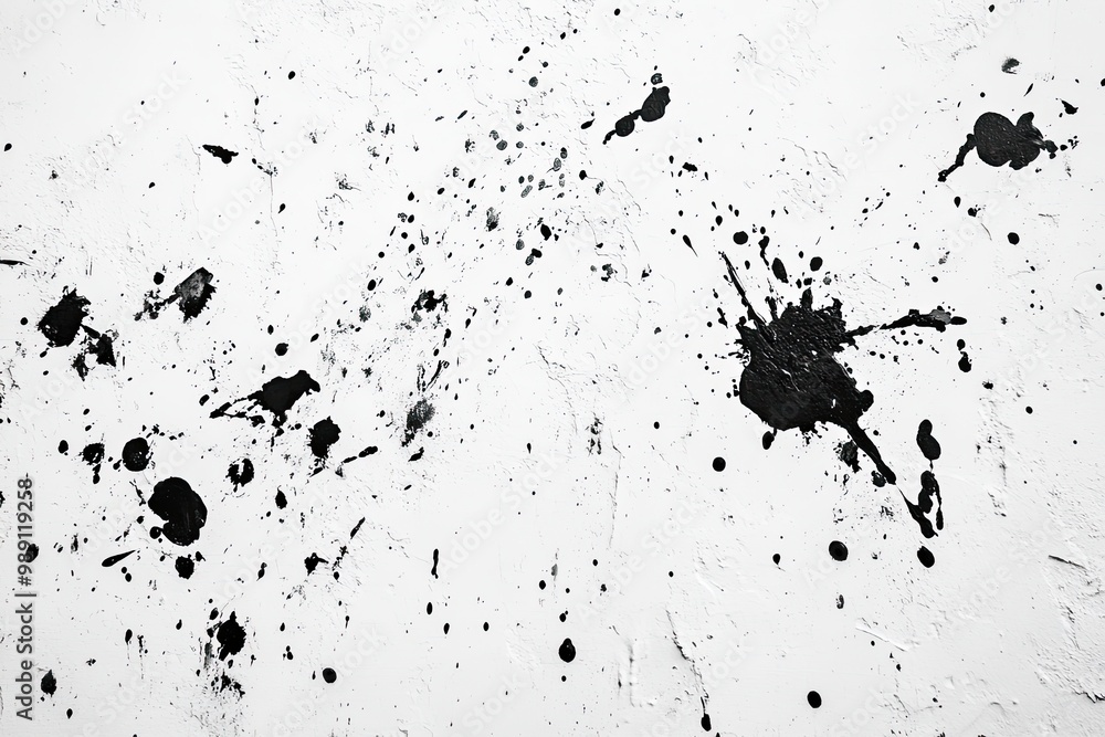 Black paint splatters on white wall. Use this photo for a grunge or artistic design. Black paint splatters on white wall. Use this photo for a grunge or artistic design.
