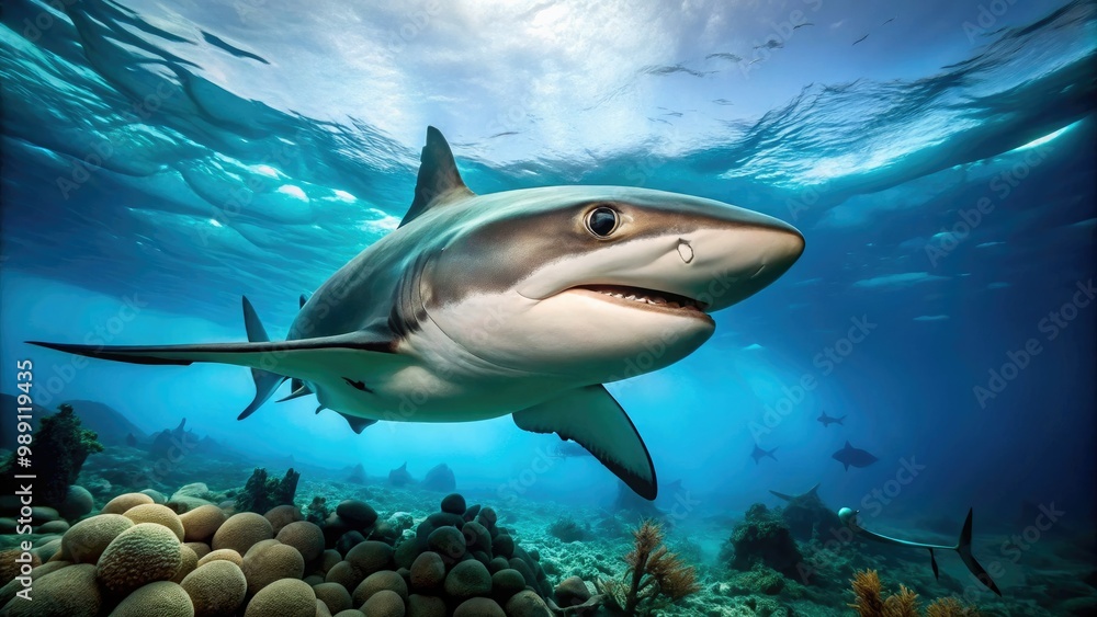 Obraz premium A menacing grey reef shark swims vertically towards the camera, its sharp teeth and piercing gaze dominating the crystal-clear turquoise waters of a coral reef.