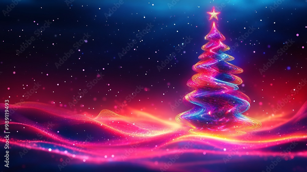 Glowing neon christmas tree set against sleek modern background with vibrant geometric snowflakes and a dark gradient sky abstract festive design for a contemporary holiday atmosphere Glowing neon christmas tree set against sleek modern background with vibrant geometric snowflakes and a dark gradient sky abstract festive design for a contemporary holiday atmosphere