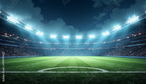 Football stadium, shiny lights, view from field. Soccer concept