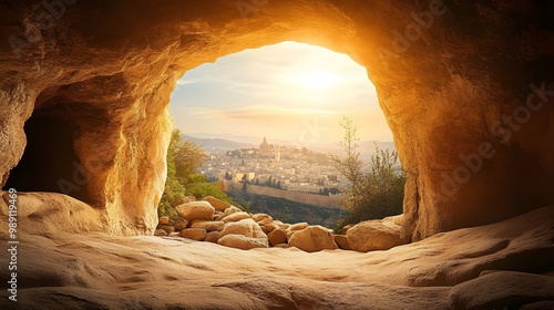 Wallpaper Mural Easter Sunday concept: Jesus Christ is risen from tomb. View from empty cave on Calvary hill to Jerusalem. Christian Easter concept. Church worship, salvation concept Torontodigital.ca