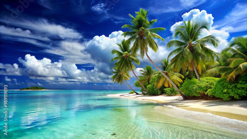 A serene tropical island beach with clear turquoise waters, swaying palm trees, and fluffy clouds in vibrant blue sky creates perfect paradise