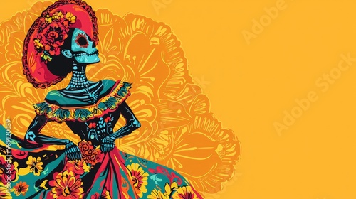 A vibrant depiction of a skeleton dressed in traditional attire, celebrating the Day of the Dead, with colorful flowers against a bright orange background.