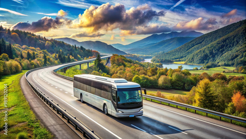 Fototapeta Naklejka Na Ścianę i Meble -  A tourist bus driving on highway surrounded by stunning mountains and vibrant autumn foliage. scenic landscape evokes sense of adventure and exploration