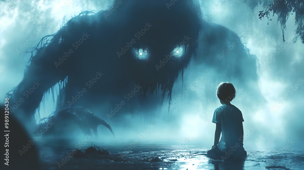 A Boy Faces a Shadowy Creature in the Fog A Boy Faces a Shadowy Creature in the Fog