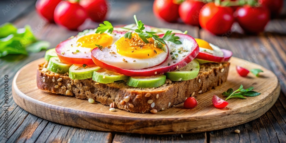 Breakfast sandwich with avocado, egg, radishes, tomatoes, and bruschetta on whole grain bread Breakfast sandwich with avocado, egg, radishes, tomatoes, and bruschetta on whole grain bread