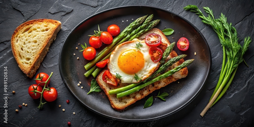 Overhead shot of a delicious breakfast or lunch with fried egg, bread toast, green asparagus, tomatoes, and bacon on a black plate, with copy space Overhead shot of a delicious breakfast or lunch with fried egg, bread toast, green asparagus, tomatoes, and bacon on a black plate, with copy space