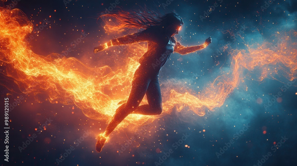 Naklejka premium A woman imbued with fiery energy streaks through the cosmos her form glowing with intense power creating a mesmerizing display of light and strength against a cosmic background