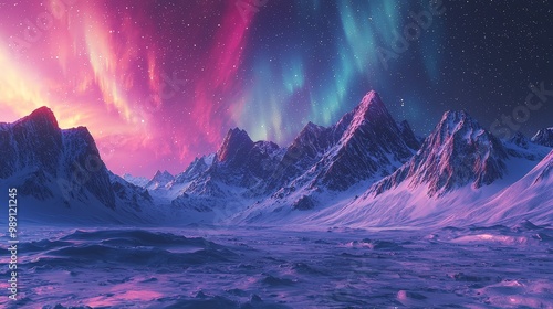 Aurora borealis over icy mountains photo