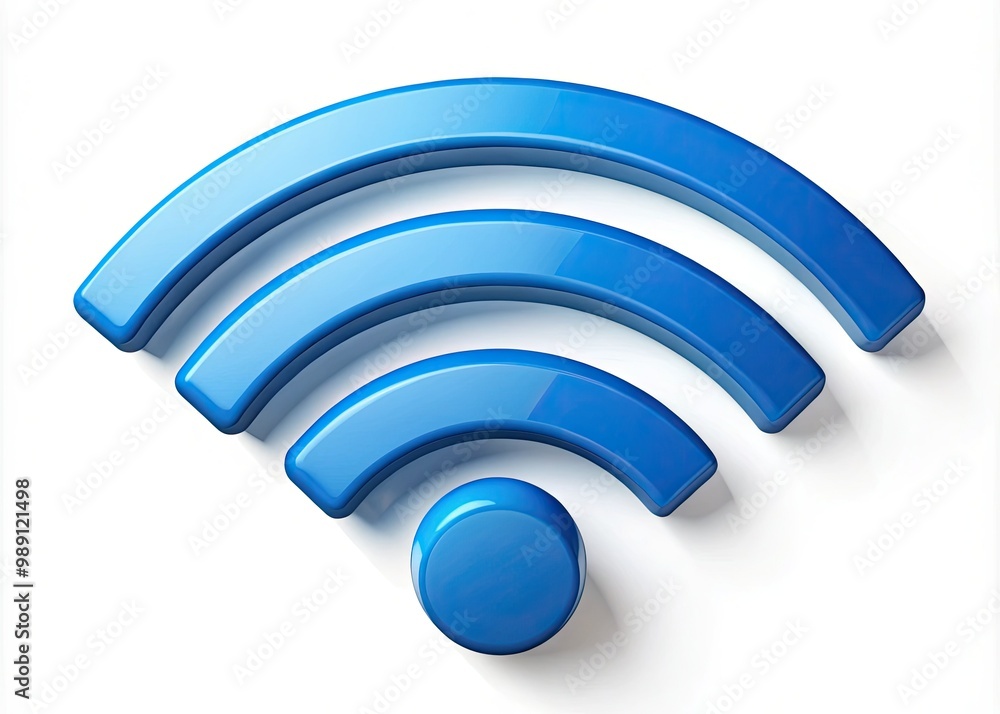 A modern, sleek, blue and white wireless internet symbol isolated on a white background, representing connectivity and high-speed internet access. A modern, sleek, blue and white wireless internet symbol isolated on a white background, representing connectivity and high-speed internet access.