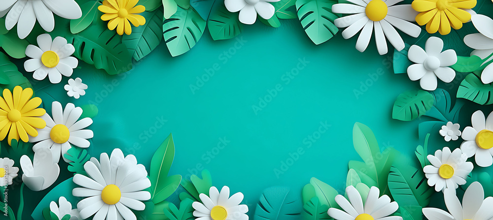 Obraz premium Decorative frame of handmade paper daisies and green foliage arranged on a solid teal background for a seasonal spring banner template with copy space.